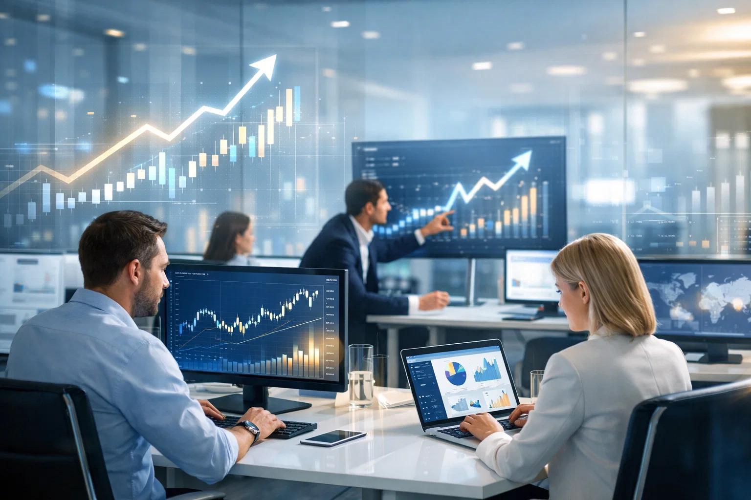 Business analytics team analyzing financial growth dashboards and charts in a modern office.