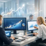Financial services SEO performance review with team analyzing growth charts and lead metrics.