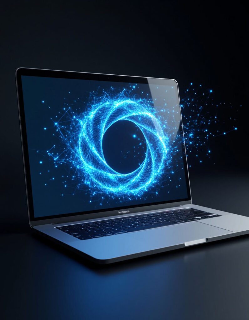 A laptop with a bright blue digital feedback interface on a dark background.