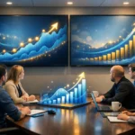 SEO performance growth presentation with a team analyzing traffic, rankings and lead generation charts.