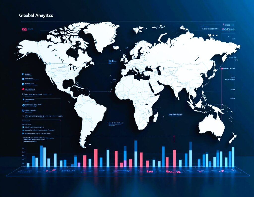 World map with digital analytics charts — illustrating global market trends for Canadian 21-health’s SEO & digital marketing services in Toronto.