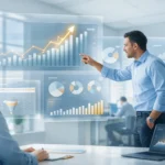Business team reviewing growth charts and data visualizations in a modern office setting.