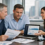 Web studio promotion investment strategy meeting with analytics dashboard and reports.